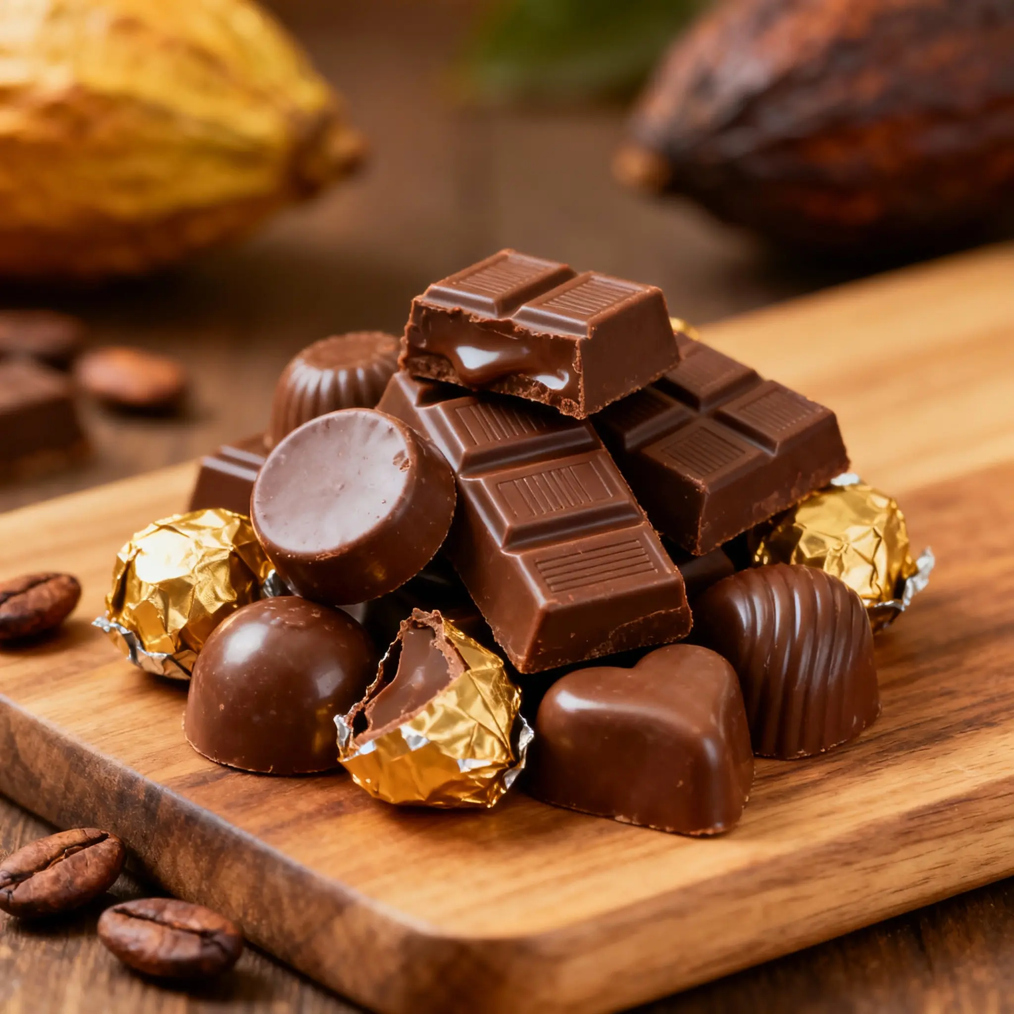 Caramel chocolate squares with amber sheen