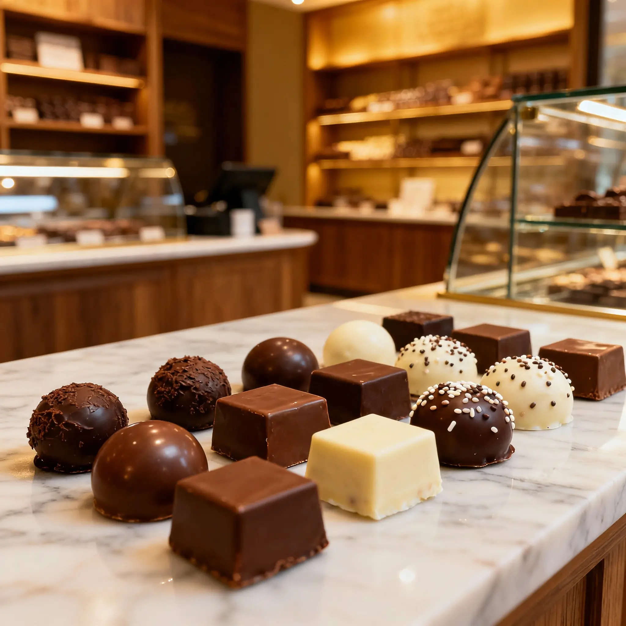 Rose-hued pralines dusted with pistachio powder
